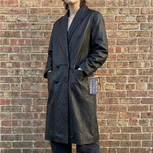 Vintage 90s Black Leather Trench Coat Long Duster Jacket Large NWT Deadstock
